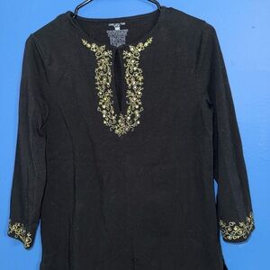 Jones New York Black Tunic with Gold Embroidery